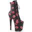 8" Heel, 4" Pf Lace-Up Lips Print Ankle Boot, Side Zip Pleaser Pleaser FLAMINGO/1020KISSES