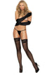 Sheer thigh hi with "stay up" silicone lace top and back seam. Elegant Moments 1175