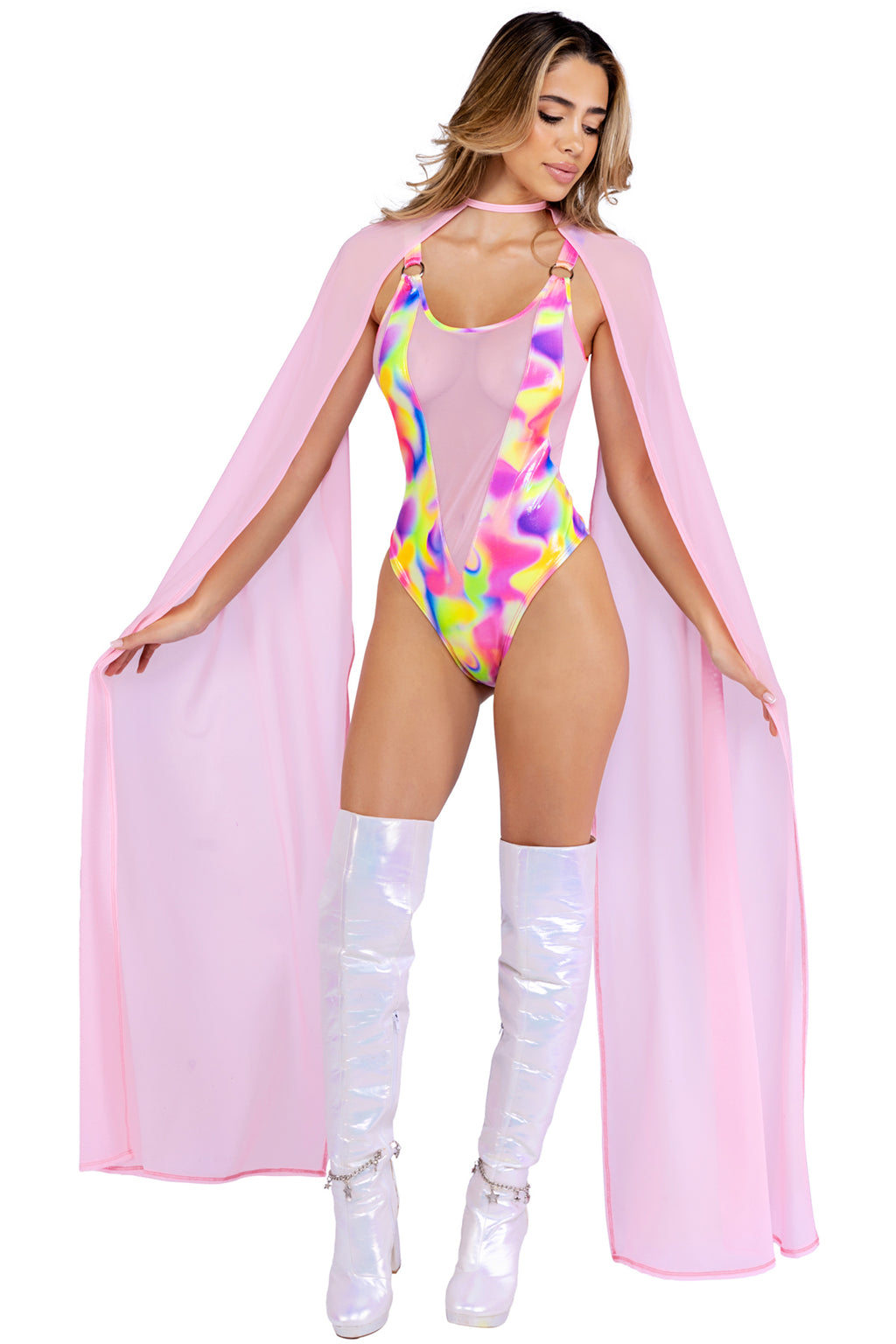 Shimmer Multi-Colored Romper With Sheer Mesh Detail Roma  6462