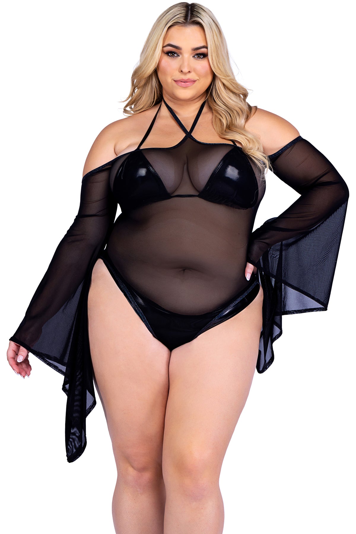 Sheer Mesh Romper With Bell Sleeves Roma  6497