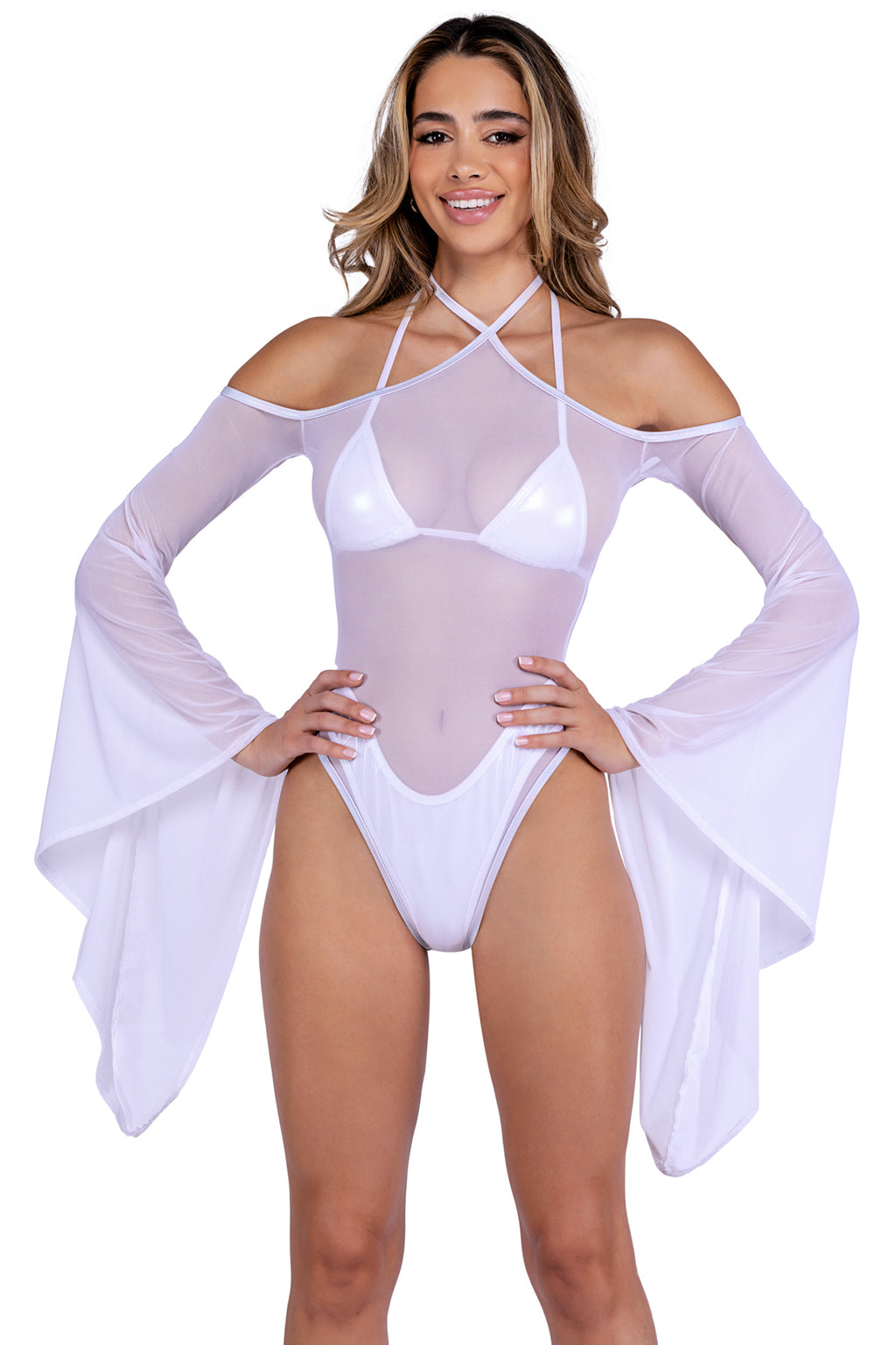 Sheer Mesh Romper With Bell Sleeves Roma  6497