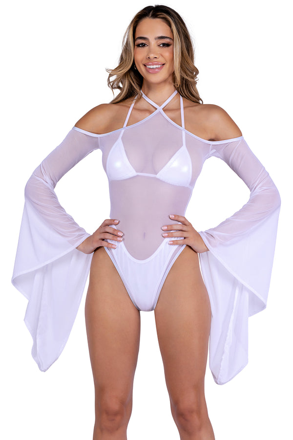 Sheer Mesh Romper With Bell Sleeves Roma  6497