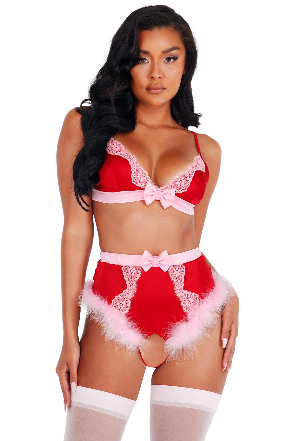 2Pc Lace & Satin Marabou Bra Set Roma  LI424