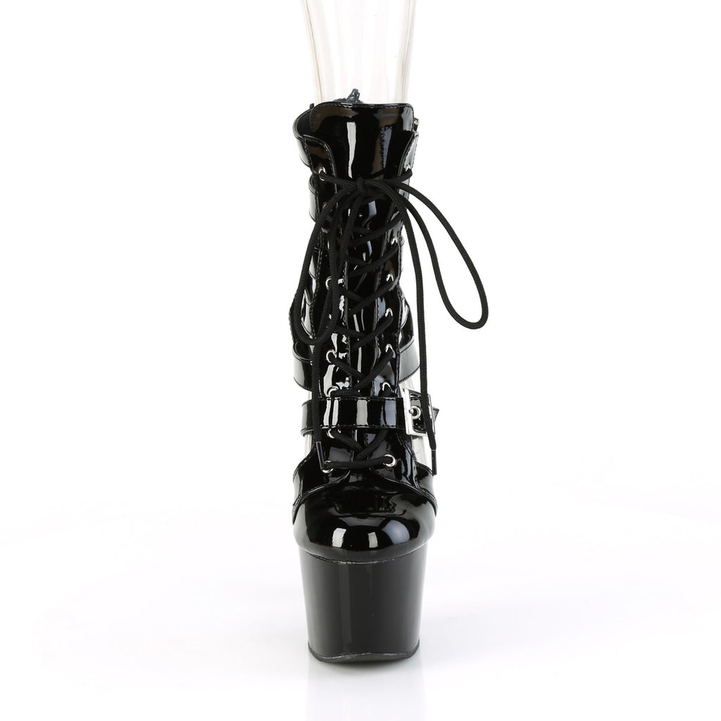 7" Heel, 2 3/4" Pf Strappy Lace-Up Cage Bootie, Back Zip Pleaser Pleaser ADORE/1013MST