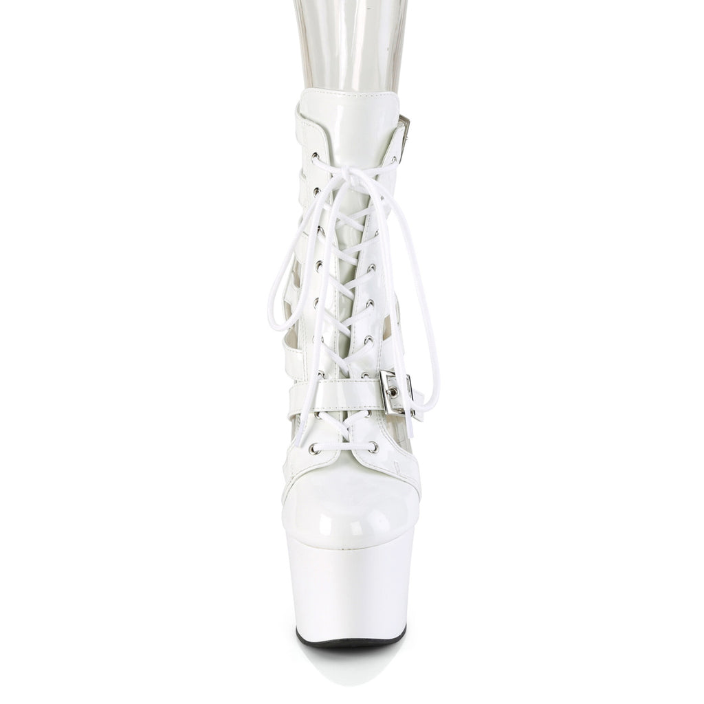 7" Heel, 2 3/4" Pf Strappy Lace-Up Cage Bootie, Back Zip Pleaser Pleaser ADORE/1013MST