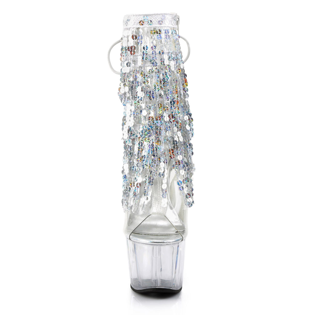 7" Heel, 2 3/4" PF Sequins Fringe Ankle Boot, Side Zip Clr-Sliver Holo/Clr Pleaser Pleaser ADORE/1017SQF