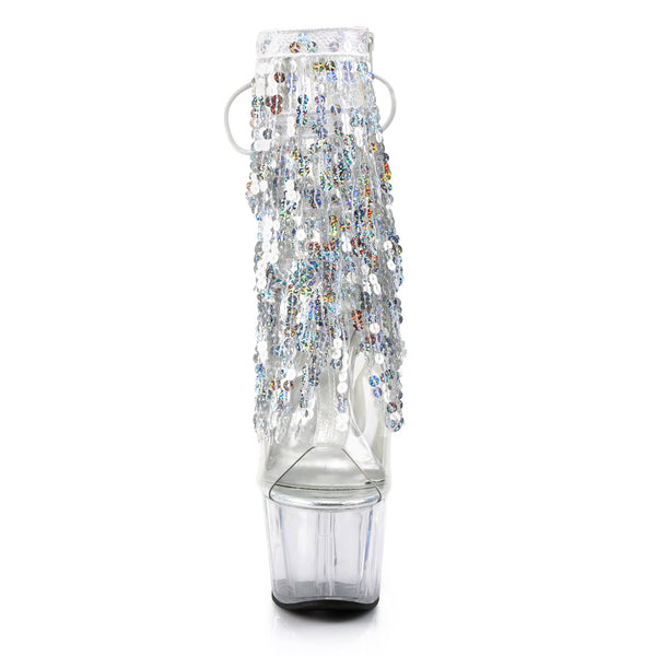 7" Heel, 2 3/4" PF Sequins Fringe Ankle Boot, Side Zip Clr-Sliver Holo/Clr Pleaser Pleaser ADORE/1017SQF