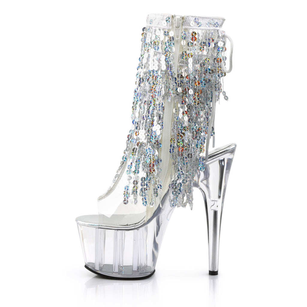 7" Heel, 2 3/4" PF Sequins Fringe Ankle Boot, Side Zip Clr-Sliver Holo/Clr Pleaser Pleaser ADORE/1017SQF