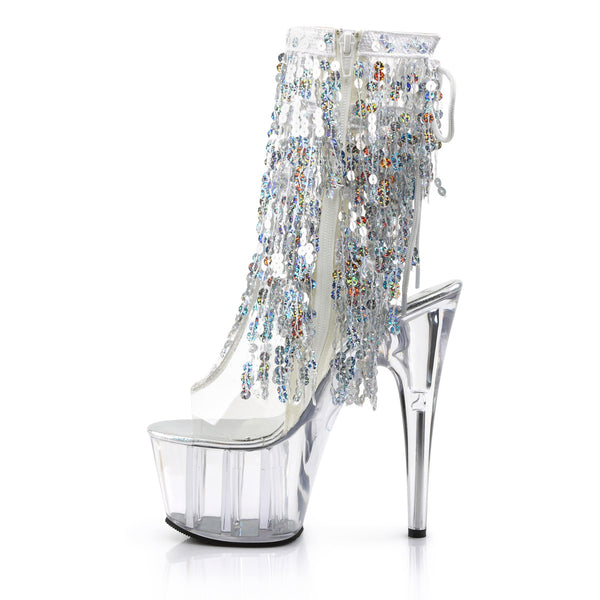 7" Heel, 2 3/4" PF Sequins Fringe Ankle Boot, Side Zip Clr-Sliver Holo/Clr Pleaser Pleaser ADORE/1017SQF