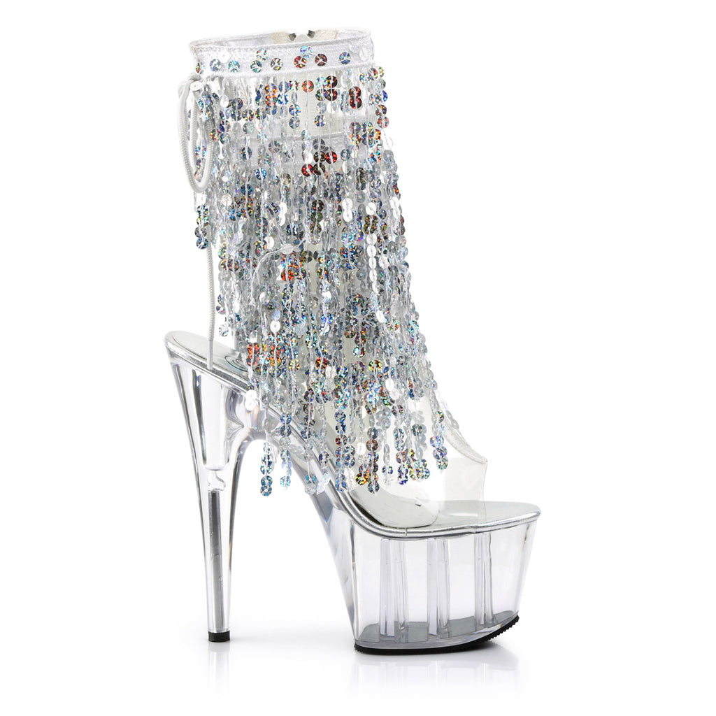 7" Heel, 2 3/4" PF Sequins Fringe Ankle Boot, Side Zip Clr-Sliver Holo/Clr Pleaser Pleaser ADORE/1017SQF