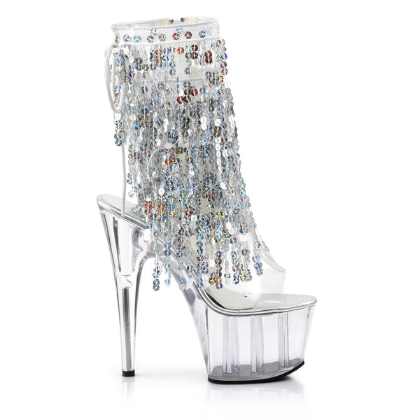 7" Heel, 2 3/4" PF Sequins Fringe Ankle Boot, Side Zip Clr-Sliver Holo/Clr Pleaser Pleaser ADORE/1017SQF
