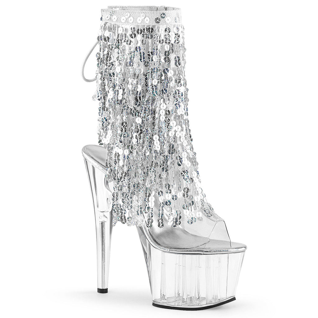 7" Heel, 2 3/4" PF Sequins Fringe Ankle Boot, Side Zip Clr-Sliver Holo/Clr Pleaser Pleaser ADORE/1017SQF