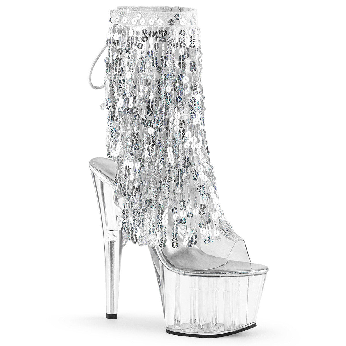 7" Heel, 2 3/4" PF Sequins Fringe Ankle Boot, Side Zip Clr-Sliver Holo/Clr Pleaser Pleaser ADORE/1017SQF
