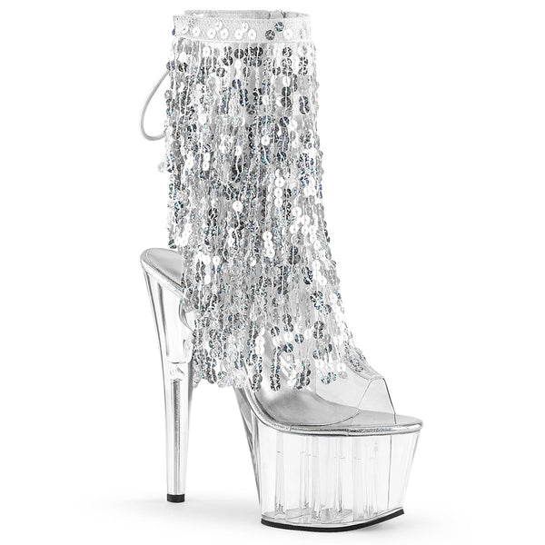 7" Heel, 2 3/4" PF Sequins Fringe Ankle Boot, Side Zip Clr-Sliver Holo/Clr Pleaser Pleaser ADORE/1017SQF