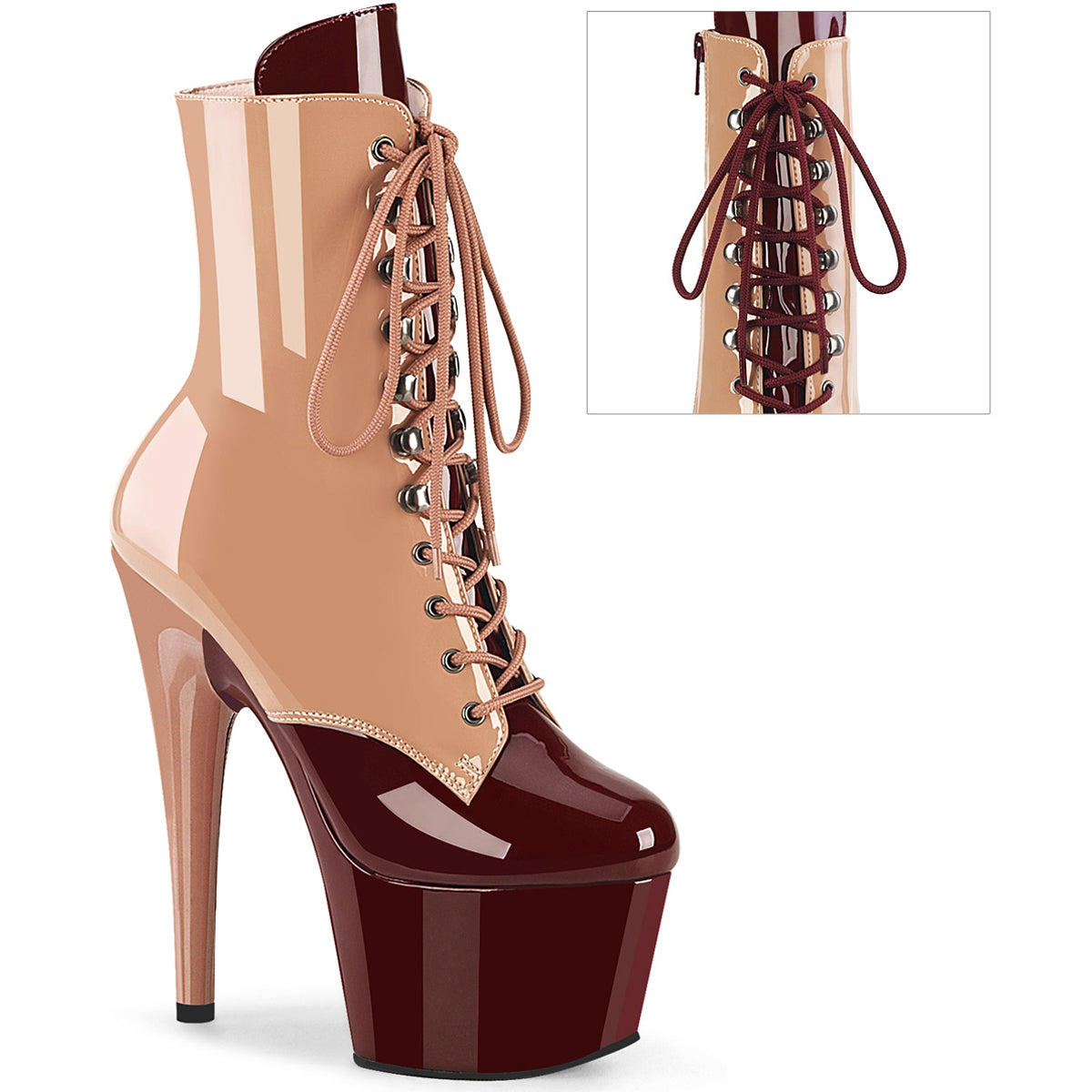 7" Heel, 2 3/4" Pf Two Tone Lace-Up Ankle Boot, Side Zip Pleaser Pleaser ADORE/1020DC