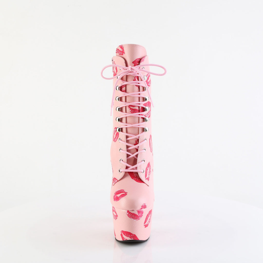 7" Heel, 2 3/4" Pf Lace-Up Lips Print Ankle Boot, Side Zip Pleaser Pleaser ADORE/1020KISSES
