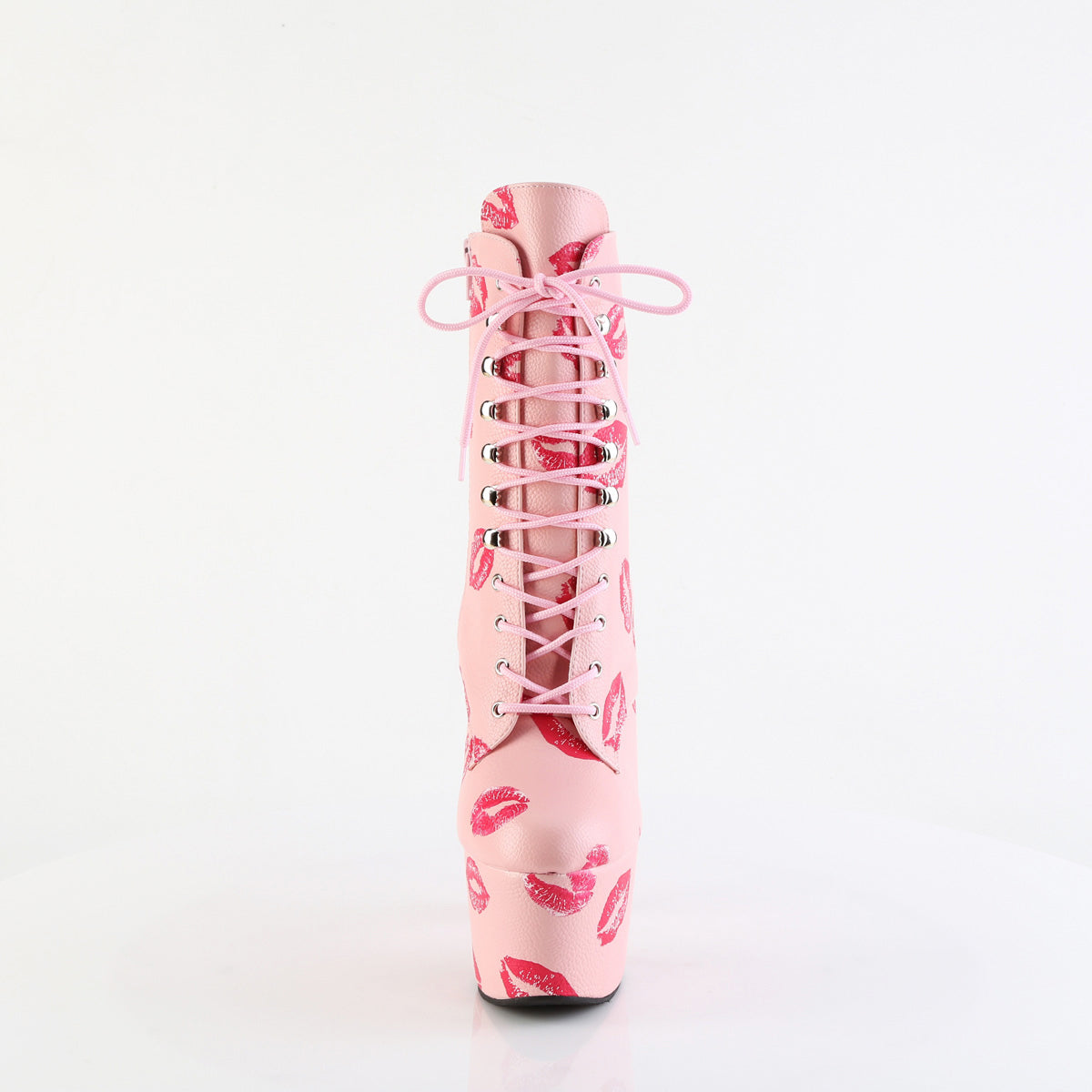 7" Heel, 2 3/4" Pf Lace-Up Lips Print Ankle Boot, Side Zip Pleaser Pleaser ADORE/1020KISSES