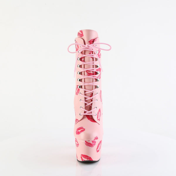 7" Heel, 2 3/4" Pf Lace-Up Lips Print Ankle Boot, Side Zip Pleaser Pleaser ADORE/1020KISSES
