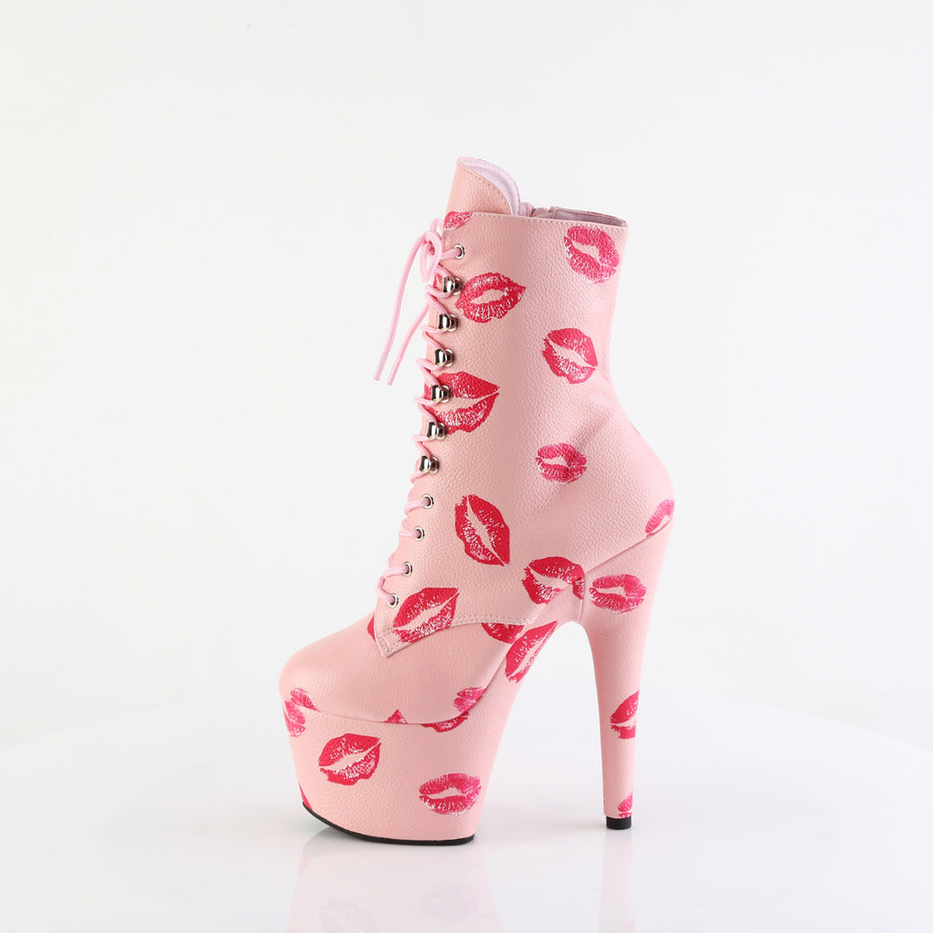 7" Heel, 2 3/4" Pf Lace-Up Lips Print Ankle Boot, Side Zip Pleaser Pleaser ADORE/1020KISSES