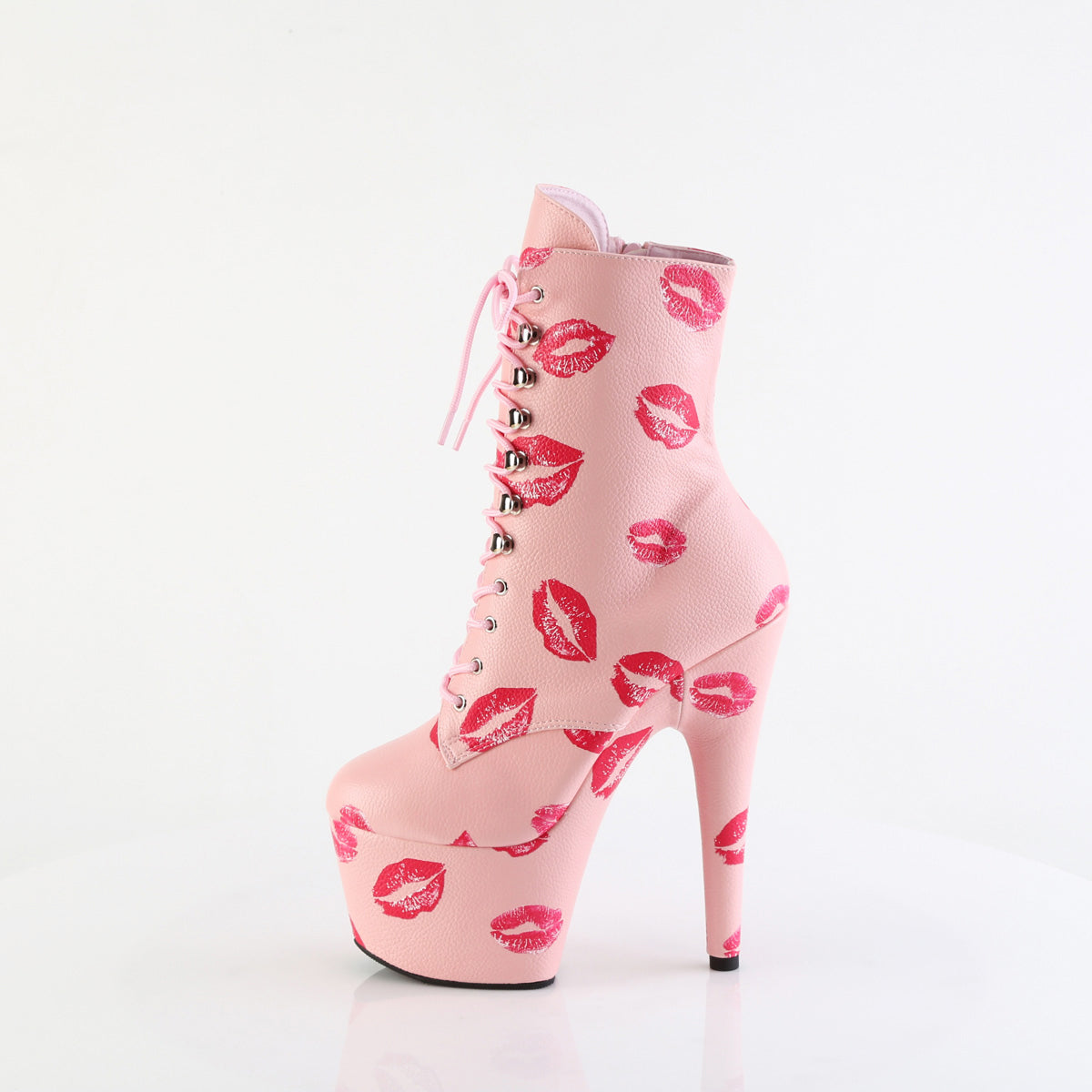 7" Heel, 2 3/4" Pf Lace-Up Lips Print Ankle Boot, Side Zip Pleaser Pleaser ADORE/1020KISSES