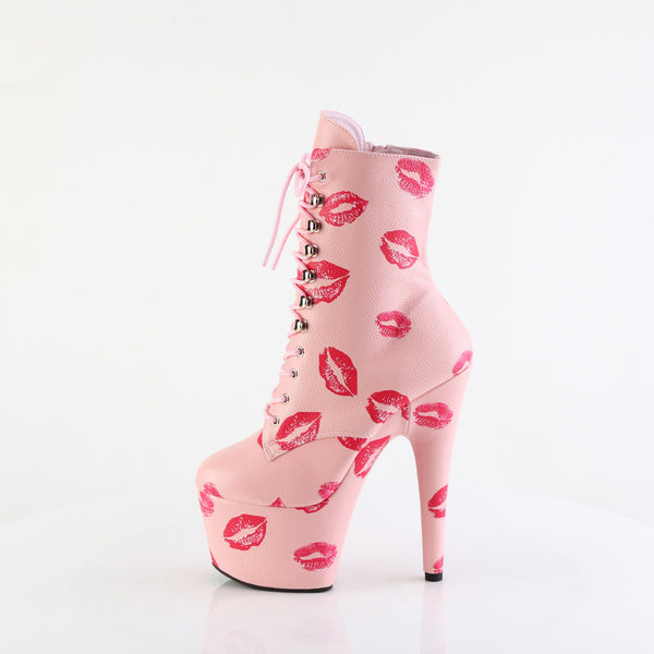 7" Heel, 2 3/4" Pf Lace-Up Lips Print Ankle Boot, Side Zip Pleaser Pleaser ADORE/1020KISSES