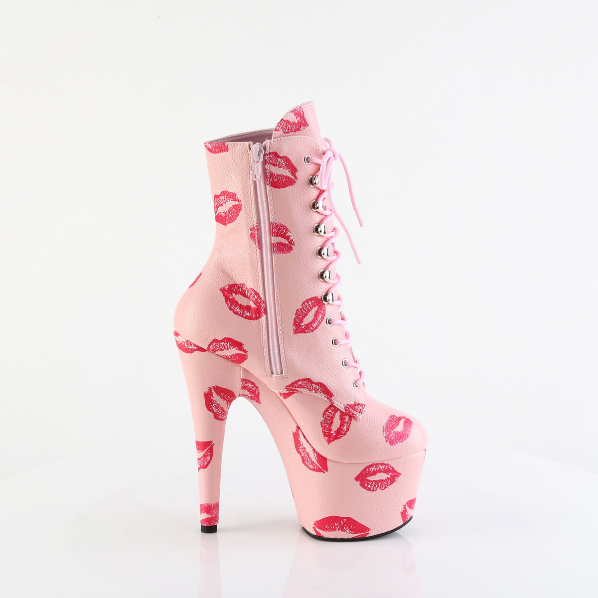 7" Heel, 2 3/4" Pf Lace-Up Lips Print Ankle Boot, Side Zip Pleaser Pleaser ADORE/1020KISSES