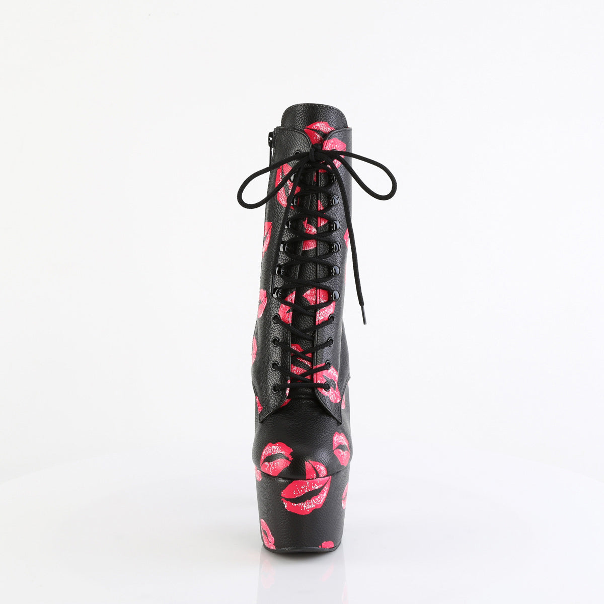 7" Heel, 2 3/4" Pf Lace-Up Lips Print Ankle Boot, Side Zip Pleaser Pleaser ADORE/1020KISSES