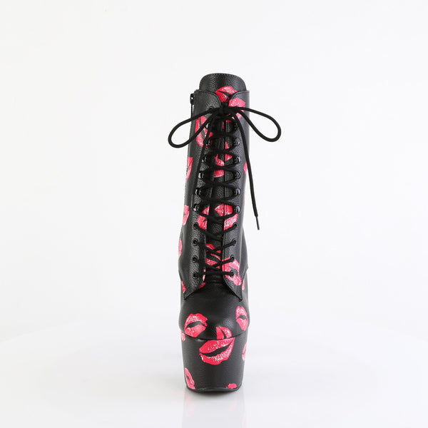 7" Heel, 2 3/4" Pf Lace-Up Lips Print Ankle Boot, Side Zip Pleaser Pleaser ADORE/1020KISSES