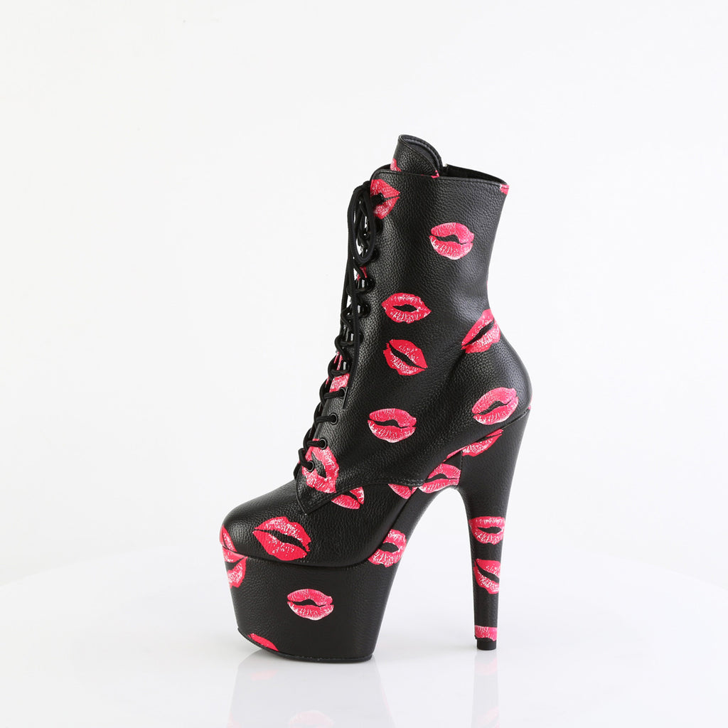 7" Heel, 2 3/4" Pf Lace-Up Lips Print Ankle Boot, Side Zip Pleaser Pleaser ADORE/1020KISSES