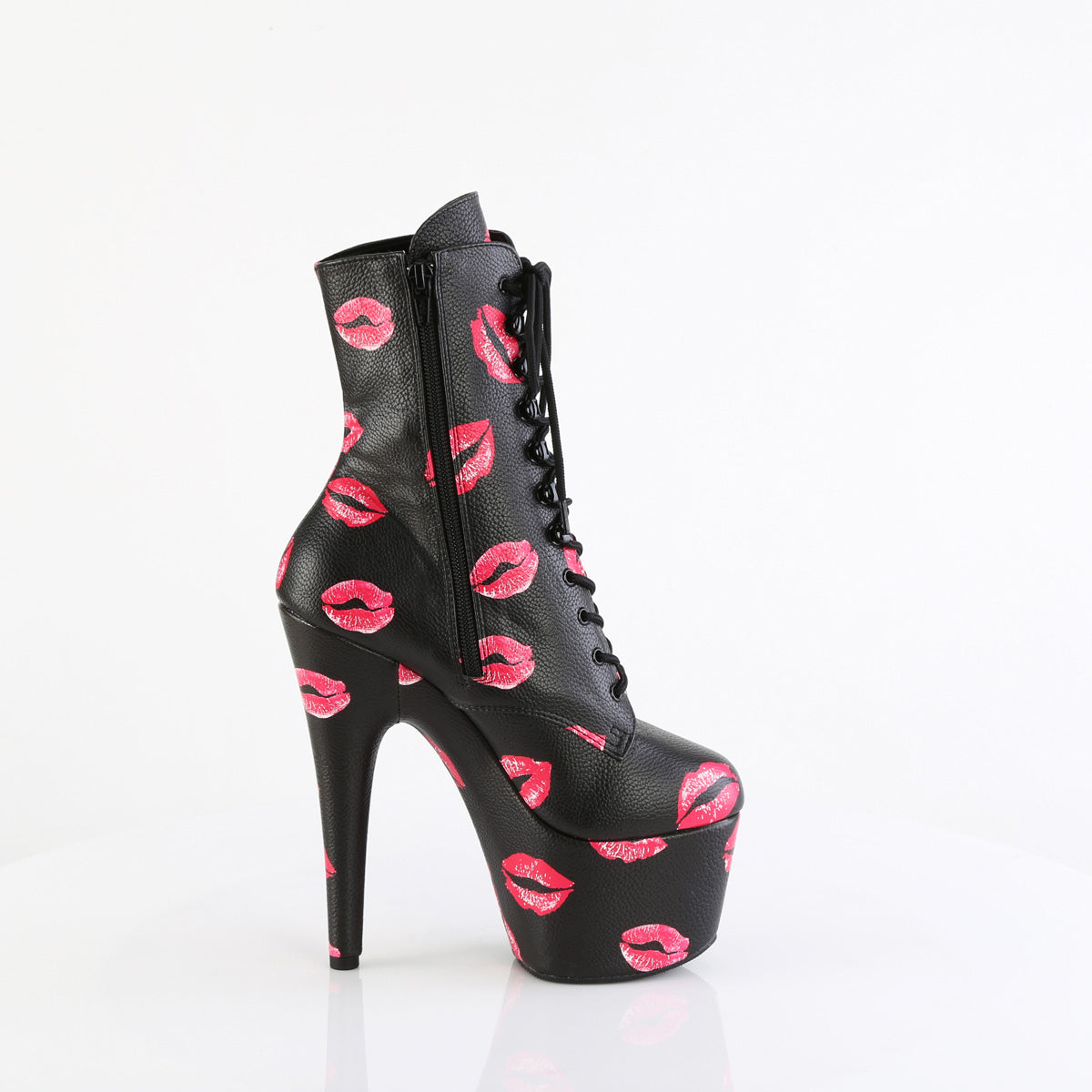 7" Heel, 2 3/4" Pf Lace-Up Lips Print Ankle Boot, Side Zip Pleaser Pleaser ADORE/1020KISSES