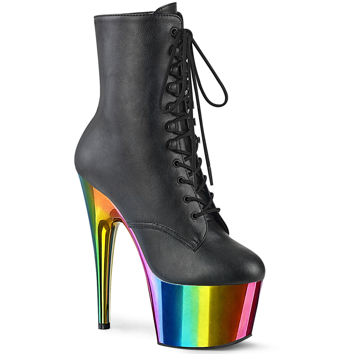 7" Heel, 2 3/4" Chromed Pf Lace-Up Ankle Boot, Side Zip Pleaser Pleaser ADO1020RC/BPU/RBOWCH