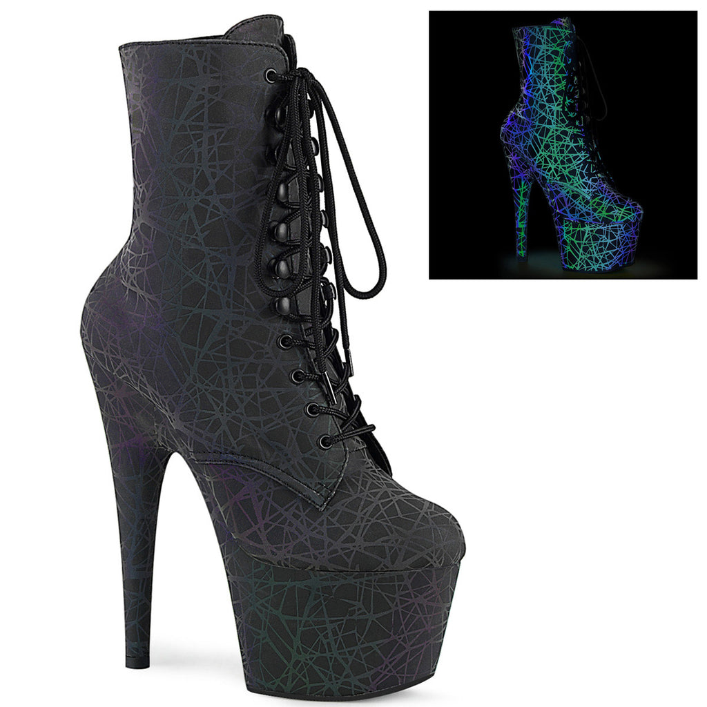 7" Heel, 2 3/4" Pf Lace-up Front Ankle Boot, Side Zip Pleaser Pleaser ADORE/1020REFL