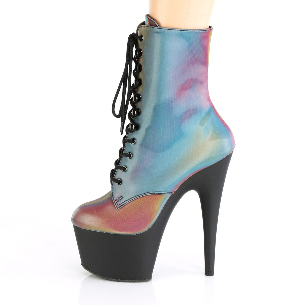 7" Heel, 2" PF Lace-Up Front Ankle Boot, Side Zip Pleaser Pleaser ADORE/1020REFL