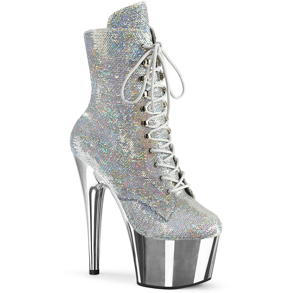 7" Heel, 2 3/4" Pf Lace-Up Sequins Ankle Boot, Side Zip Pleaser Pleaser ADORE/1020SQ/02