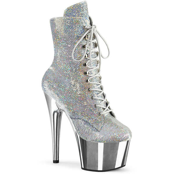 7" Heel, 2 3/4" Pf Lace-Up Sequins Ankle Boot, Side Zip Pleaser Pleaser ADORE/1020SQ/02