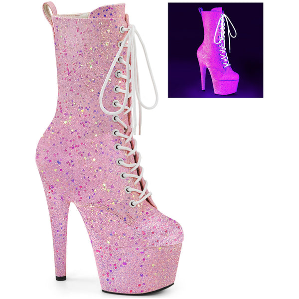 7" Heel, 2 3/4" Pf Lace-Up Holo Glitter Ankle Boot, Side Zip Pleaser Pleaser ADORE/1040IG