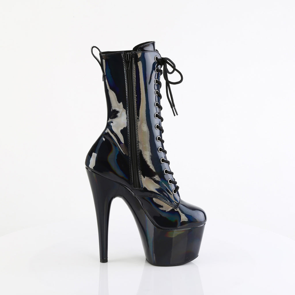 7" Heel, 2 3/4" Pf Holographic Lace-Up Ankle Boot, Side Zip Pleaser Pleaser ADORE/1040WR/HG