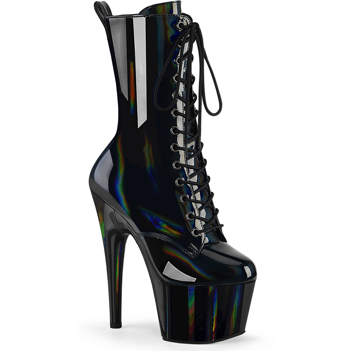 7" Heel, 2 3/4" Pf Holographic Lace-Up Ankle Boot, Side Zip Pleaser Pleaser ADORE/1040WR/HG