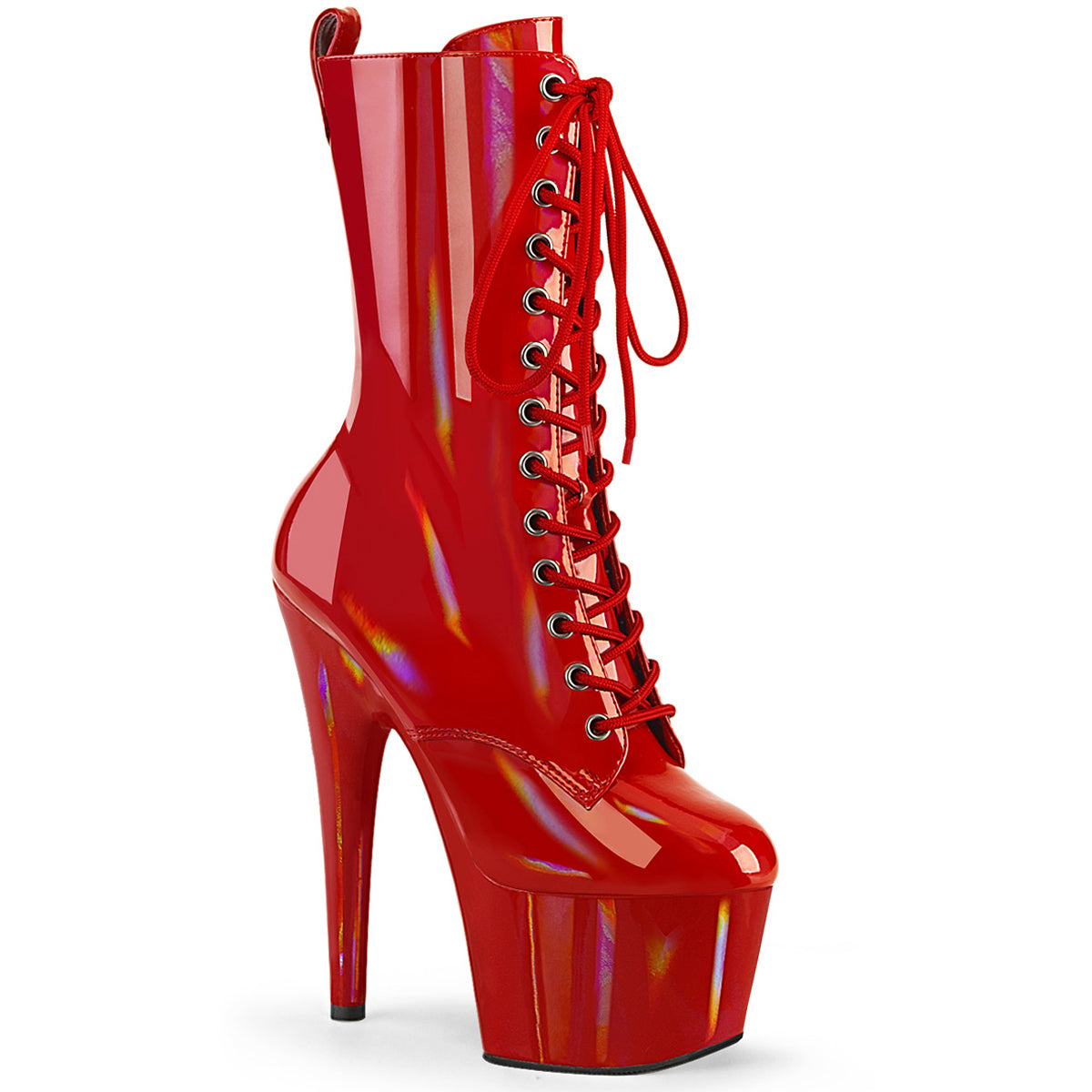 7" Heel, 2 3/4" Pf Holographic Lace-Up Ankle Boot, Side Zip Pleaser Pleaser ADORE/1040WR/HG