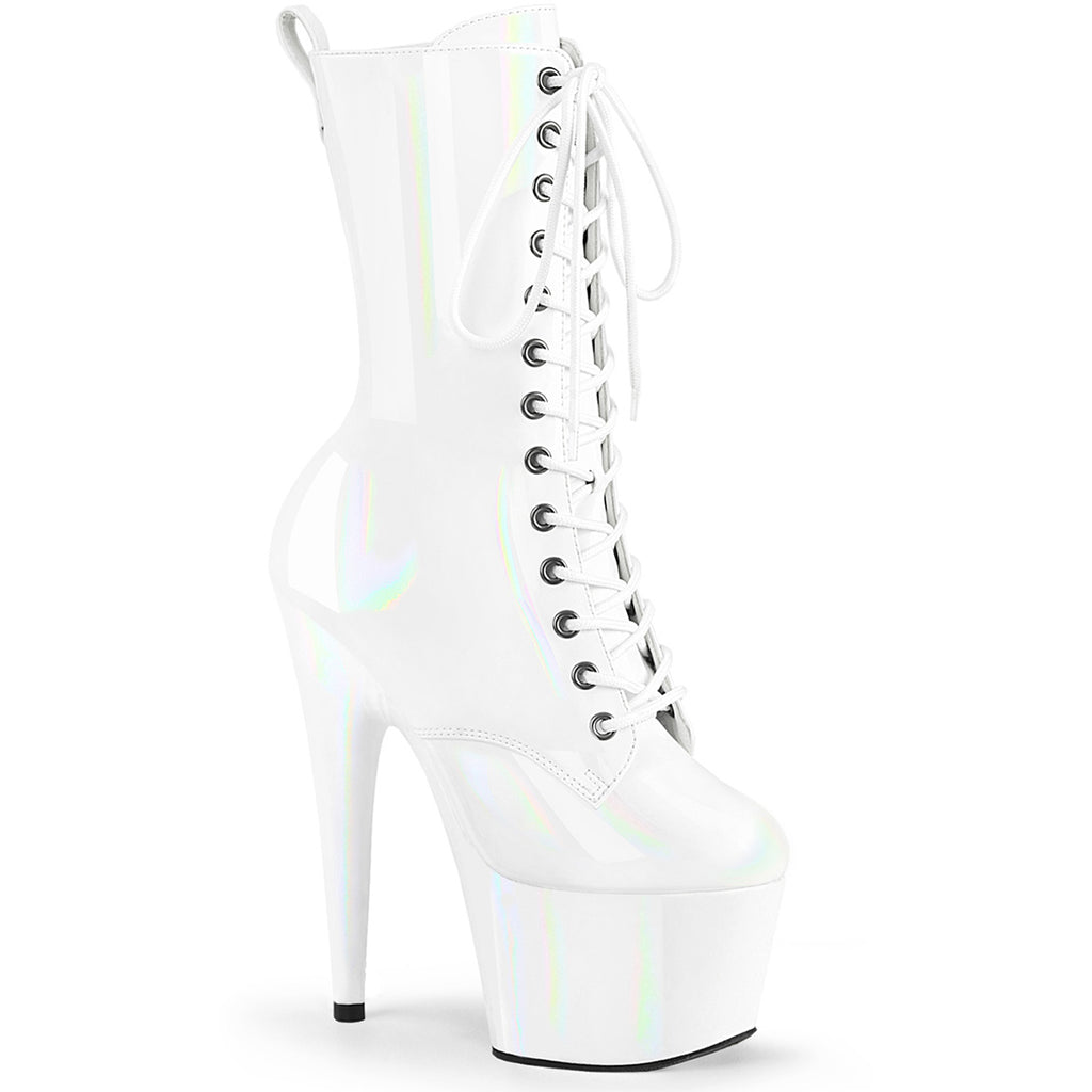 7" Heel, 2 3/4" Pf Holographic Lace-Up Ankle Boot, Side Zip Pleaser Pleaser ADORE/1040WR/HG