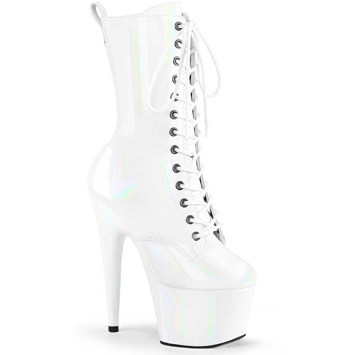 7" Heel, 2 3/4" Pf Holographic Lace-Up Ankle Boot, Side Zip Pleaser Pleaser ADORE/1040WR/HG