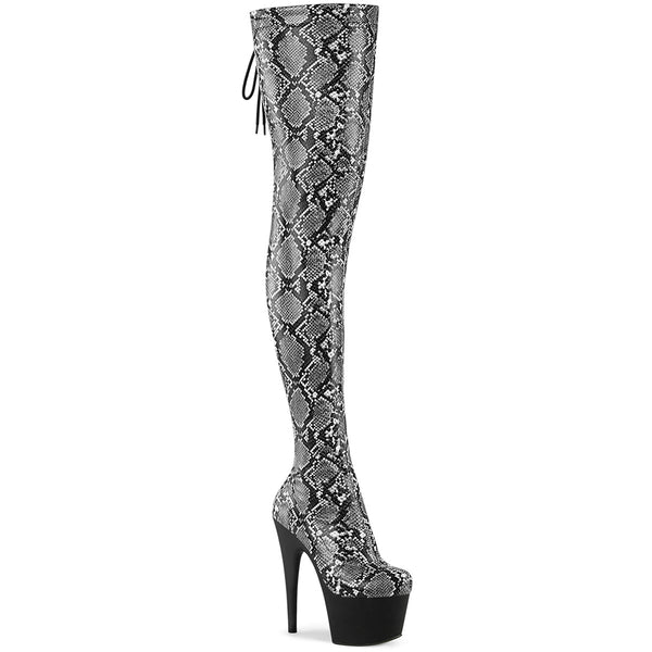 7" Heel, 2 3/4" Pf Stretch Snake Print Pull-On Thigh Boot Pleaser Pleaser ADORE/3008SP/BT