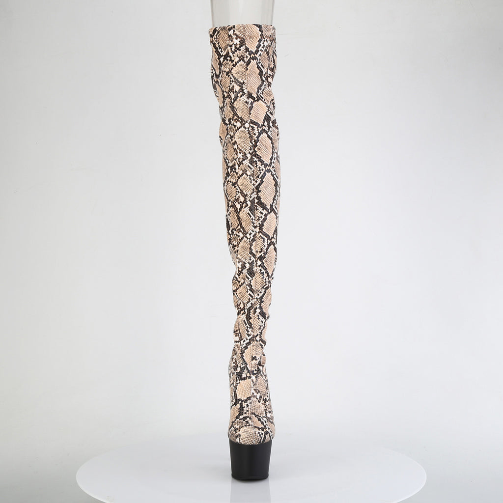 7" Heel, 2 3/4" Pf Stretch Snake Print Pull-On Thigh Boot Pleaser Pleaser ADORE/3008SP/BT