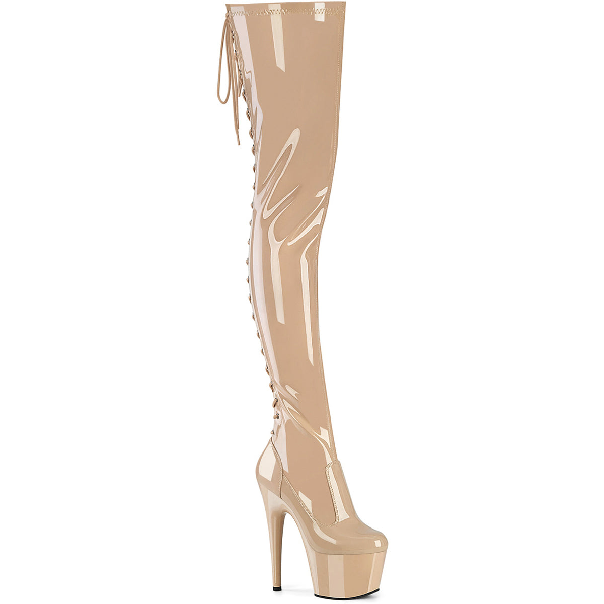 7" Heel, 2 3/4" Pf Lace-Up Back Stretch Thigh Boot, Side Zip Pleaser Pleaser ADORE/3850