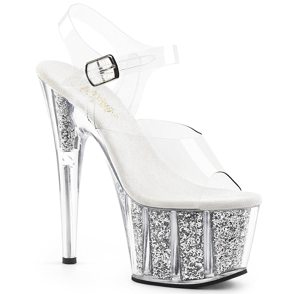 7" Heel, 2 3/4" PF Ankle Strap Sandal w/ Glitter Inserts Pleaser Pleaser ADORE/708G