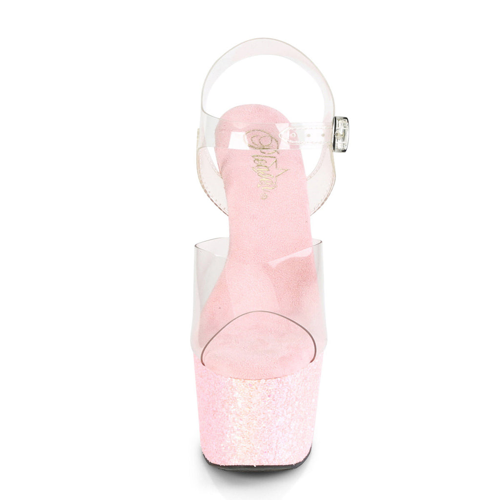7" Heel, 2 3/4" Pf Ankle Strap Sandal W/glitter Bottom Pleaser Pleaser ADORE/708LG