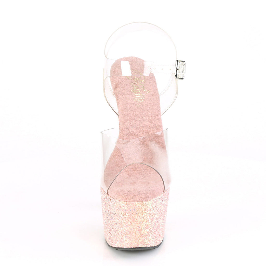 7" Heel, 2 3/4" Pf Ankle Strap Sandal W/glitter Bottom Pleaser Pleaser ADORE/708LG