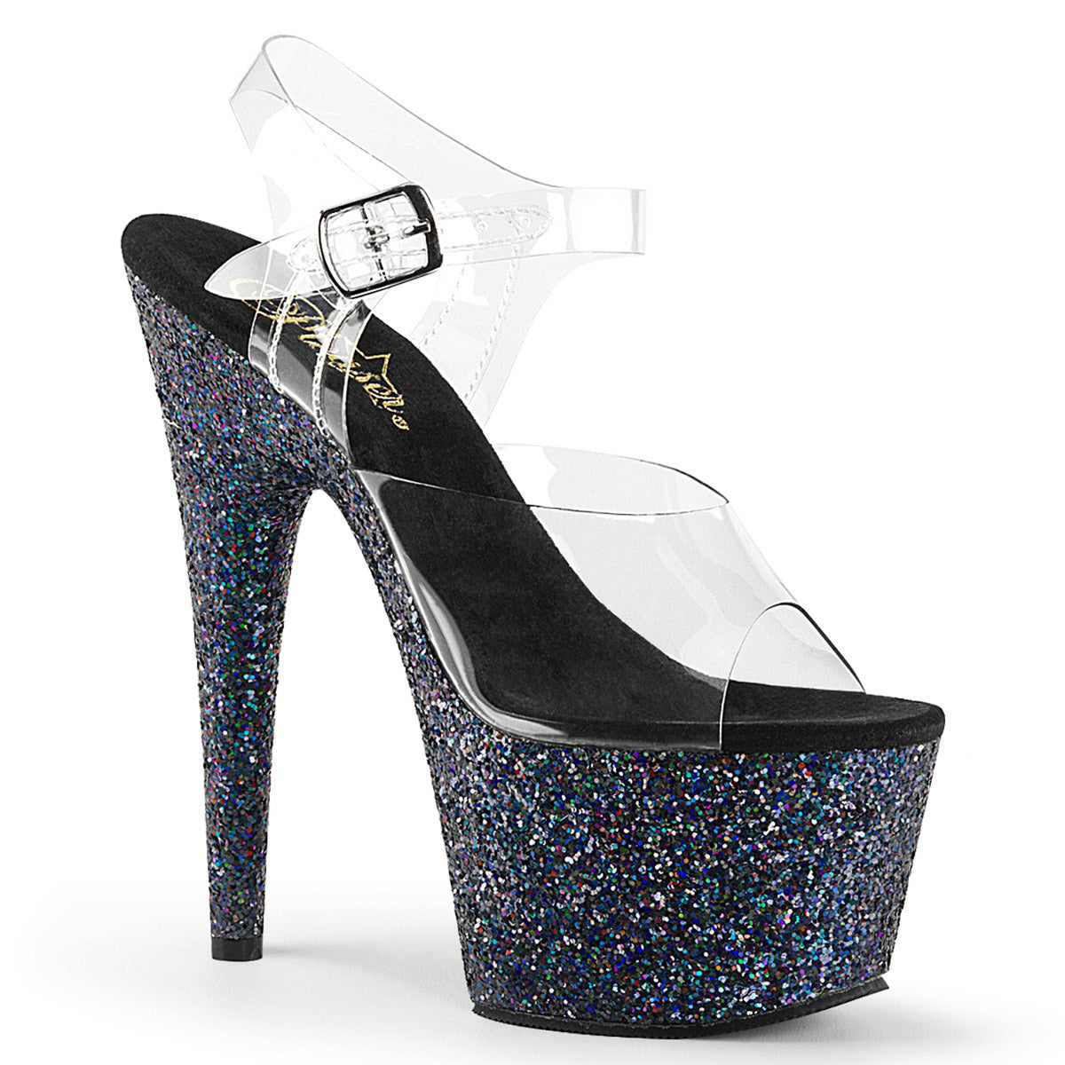 7" Heel, 2 3/4" PF Ankle Strap Sandal w/ Holo Glitter Bottom Pleaser Pleaser ADORE/708LG