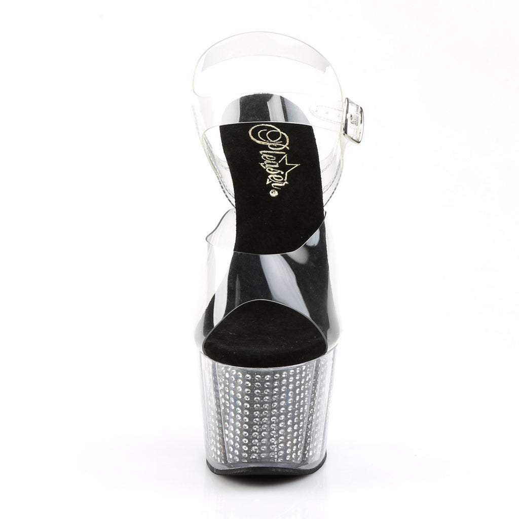 7" Heel, 2 3/4" PF Sandal W/Simulated RS Filled Bottom Clr/Blk SRS Pleaser Pleaser ADORE/708SRS