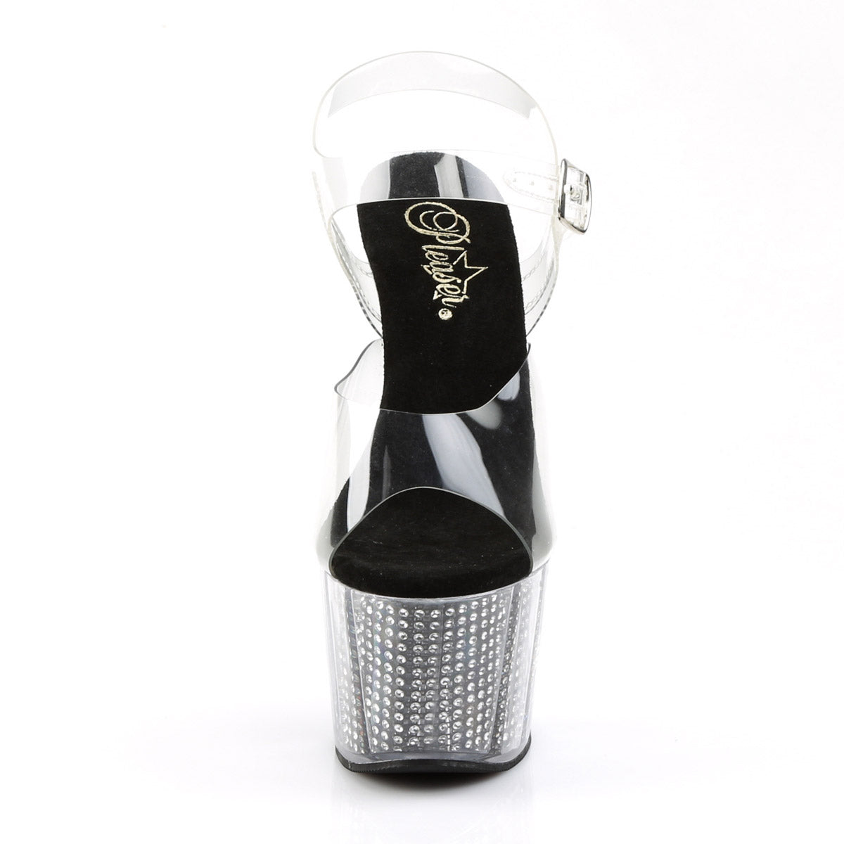 7" Heel, 2 3/4" PF Sandal W/Simulated RS Filled Bottom Clr/Blk SRS Pleaser Pleaser ADORE/708SRS